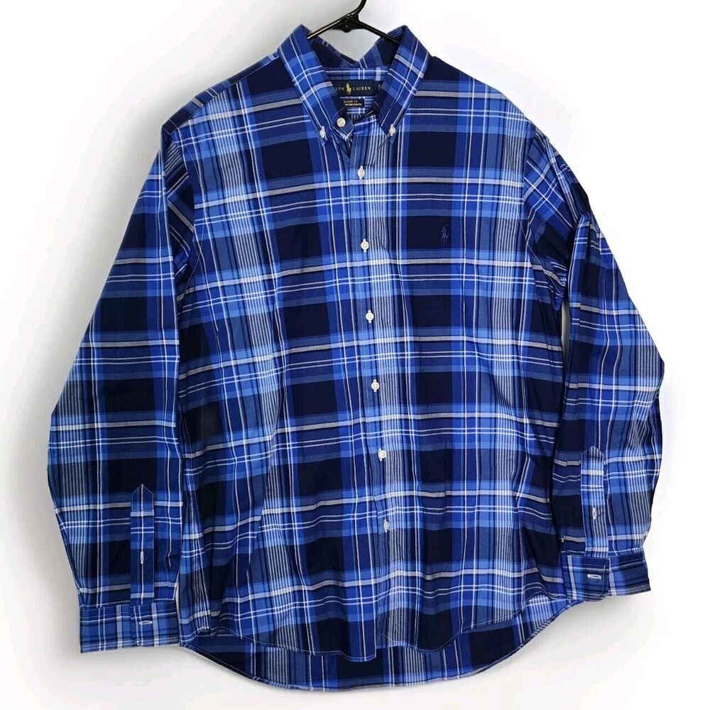 Polo Ralph Lauren Men’s Classic Fit Blue Plaid Cotton Oxford Shirt Blue Size XL